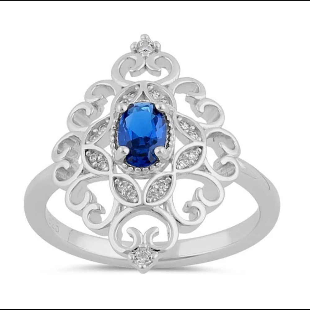 925 STERLING SILVER Simulated Blue Sapphire Cubic Zirconia Filigree Ring - Picture 13 of 16